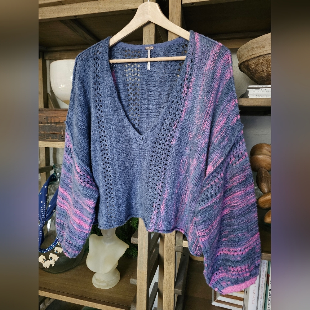Free People Amethyst Pullover V-neck Cropped Sweater Blue Combo Sz M - Picture 6 of 6